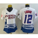 Women's Puerto Rico Baseball #12 Francisco Lindor 2023 White World Classic Stitched Jersey