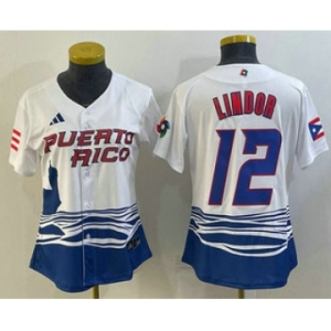 Women's Puerto Rico Baseball #12 Francisco Lindor 2023 White World Classic Stitched Jersey