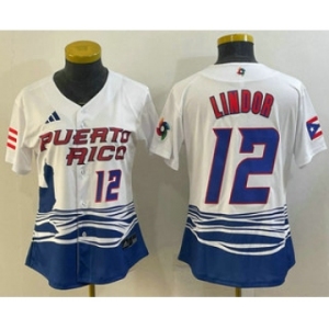 Women's Puerto Rico Baseball #12 Francisco Lindor Number 2023 White World Classic Stitched Jersey