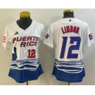 Women's Puerto Rico Baseball #12 Francisco Lindor Number 2023 White World Classic Stitched Jerseys