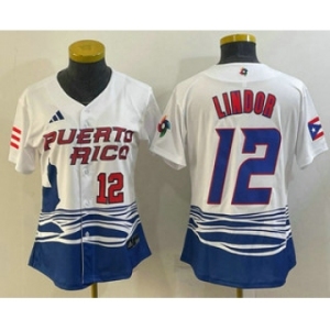Women's Puerto Rico Baseball #12 Francisco Lindor Number 2023 White World Classic Stitched Jerseys
