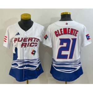 Women's Puerto Rico Baseball #21 Roberto Clemente 2023 White World Classic Stitched Jersey