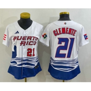 Women's Puerto Rico Baseball #21 Roberto Clemente Number 2023 White World Classic Stitched Jersey