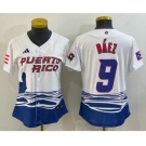 Women's Puerto Rico Baseball #9 Javier Baez White 2023 World Baseball Classic Stitched Jersey