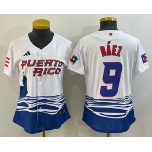 Women's Puerto Rico Baseball #9 Javier Baez White 2023 World Baseball Classic Stitched Jersey