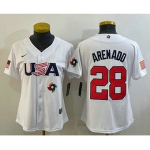 Women's USA Baseball #28 Nolan Arenado 2023 White World Classic Replica Stitched Jersey