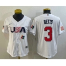 Women's USA Baseball #3 Mookie Betts 2023 White World Classic Replica Stitched Jerseys