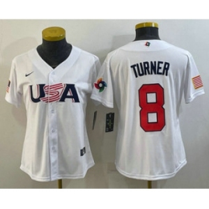 Women's USA Baseball #8 Trea Turner 2023 White World Classic Stitched Jerseys
