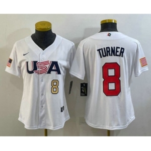Womens USA Baseball #8 Trea Turner Number 2023 White World Classic Stitched Jersey