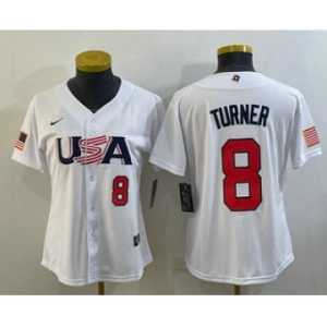 Women's USA Baseball #8 Trea Turner Number 2023 White World Classic Stitched Jerseys