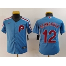 Youth Philadelphia Phillies #12 Kyle Schwarber Light Blue Cooperstown Cool Base Jersey