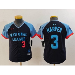 Youth Philadelphia Phillies #3 Bryce Harper Number Navy 2024 All Star Limited Stitched Jersey