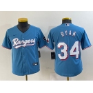 Youth Texas Rangers #34 Nolan Ryan Light Blue Team Logo Cool Base Jersey