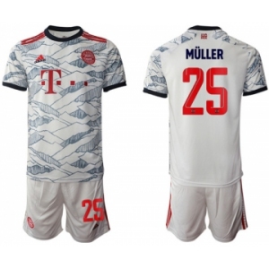 Men's FC Bayern München #25 Thomas Müller White Away Soccer Jersey With Shorts
