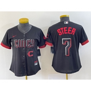Women's Cincinnati Reds #7 Spencer Steer Black 2023 City Connect Cool Base Stitched Baseball Jersey1