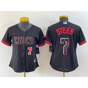 Women's Cincinnati Reds #7 Spencer Steer Numer Black 2023 City Connect Cool Base Stitched Baseball Jersey1