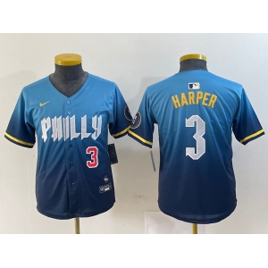 Youth Philadelphia Phillies #3 Bryce Harper Number Blue 2024 City Connect Limited Stitched Jersey