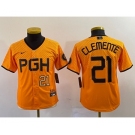 Youth Pittsburgh Pirates #21 Roberto Clemente Number Yellow 2023 City Connect Stitched Jersey1