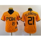 Youth Pittsburgh Pirates #21 Roberto Clemente Number Yellow 2023 City Connect Stitched Jersey2