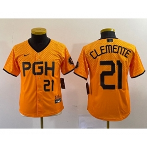 Youth Pittsburgh Pirates #21 Roberto Clemente Number Yellow 2023 City Connect Stitched Jersey2