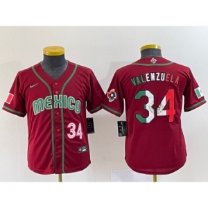 Youth Mexico Baseball #34 Fernando Valenzuela 2023 Red World Classic Stitched Jersey 3