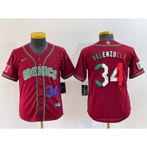 Youth Mexico Baseball #34 Fernando Valenzuela 2023 Red World Classic Stitched Jersey1