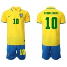 Men's Brazil #10 Ronaldinho Yellow Home Soccer Jersey Suit