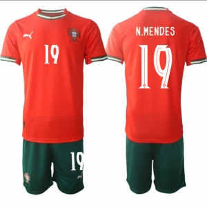 Men's Portugal Team #19 Nuno Mendes 2025 Red Home Soccer Jersey Suit