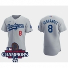 Men Nike Los Angeles Dodgers Enrique Hernandez #8 Gray Flex Base 2024 World Series Champions Stitched MLB Jersey