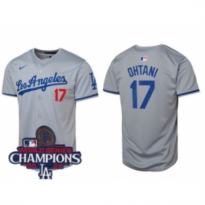 Men Nike Los Angeles Dodgers Shohei Ohtani #17 Gray Flex Base 2024 World Series Champions Stitched MLB Jersey II