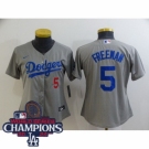 Women Nike Los Angeles Dodgers Freddie Freeman #5 Gray Flex Base 2024 World Series Champions Stitched MLB Jersey