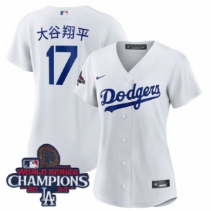 Women Nike Los Angeles Dodgers Shohei Ohtani #17 White Cool Base 2024 World Series Champions Stitched MLB Jersey