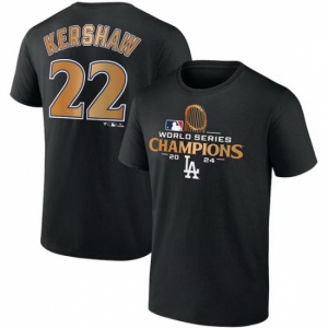 Men Los Angeles Dodgers 22 Clayton Kershaw Black 2024 World Series Champions Name 26 Number T Shirt