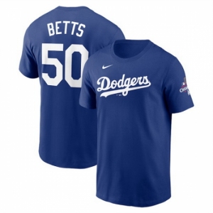 Men Los Angeles Dodgers 50 Mookie Betts Royal 2024 World Series Champions Name 26 Number T Shirt