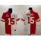 Men's Kansas City Chiefs #15 Patrick Mahomes Red & White Split 2025 Super Bowl LIX Patch Vapor Limited Stitched Football Jersey