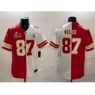 Men's Kansas City Chiefs #87 Travis Kelce Red & White Split 2025 Super Bowl LIX Patch Vapor Limited Stitched Football Jersey