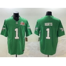 Men's Philadelphia Eagles #1 Jalen Hurts Green 2025 Super Bowl LIX Patch F.U.S.E. Throwback Vapor Untouchable Limited Stitched Football Jersey