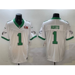 Men's Philadelphia Eagles #1 Jalen Hurts White 2025 Super Bowl LIX Patch F.U.S.E. Vapor Untouchable Limited Stitched Football Jersey