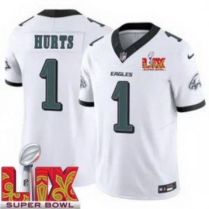 Youth Philadelphia Eagles Jalen Hurts #1 White 2024-2025 Super Bowl LIX F U S E Stitched NFL Jersey