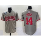 Men's Arkansas Razorbacks #14 Gage Wood Grey 2025 World Series & SEC Patch Stitched Jersey