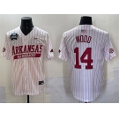 Men's Arkansas Razorbacks #14 Gage Wood White Pinstripe 2025 World Series & SEC Patch Stitched Jersey