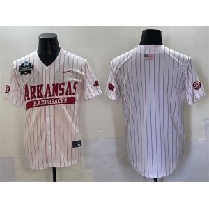 Men's Arkansas Razorbacks Blank White Pinstripe 2025 World Series & SEC Patch Stitched Jersey