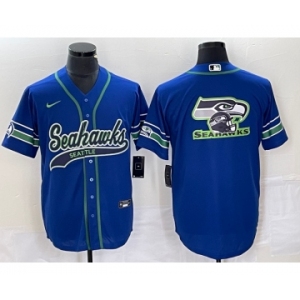 Men's Seattle Seahawks Big Logo Blue With Patch Cool Base Stitched Baseball Jersey