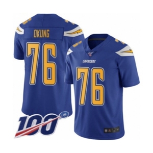 Men's Los Angeles Chargers #76 Russell Okung Limited Electric Blue Rush Vapor Untouchable 100th Season Football Jersey