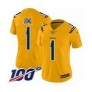 Women's Los Angeles Chargers #1 Ty Long Limited Gold Inverted Legend 100th Season Football Jersey