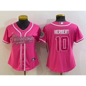 Women's Los Angeles Chargers #10 Justin Herbert Pink With Patch Cool Base Stitched Baseball Jersey