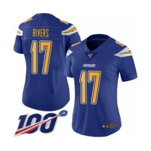 Women's Los Angeles Chargers #17 Philip Rivers Limited Electric Blue Rush Vapor Untouchable 100th Season Football Jersey