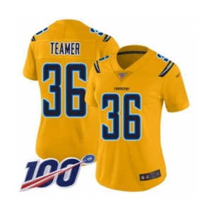Women's Los Angeles Chargers #36 Roderic Teamer Limited Gold Inverted Legend 100th Season Football Jersey