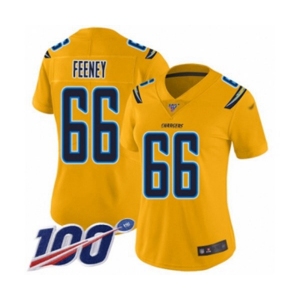 Women's Los Angeles Chargers #66 Dan Feeney Limited Gold Inverted Legend 100th Season Football Jersey