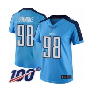 Women's Tennessee Titans #98 Jeffery Simmons Limited Light Blue Rush Vapor Untouchable 100th Season Football Jersey